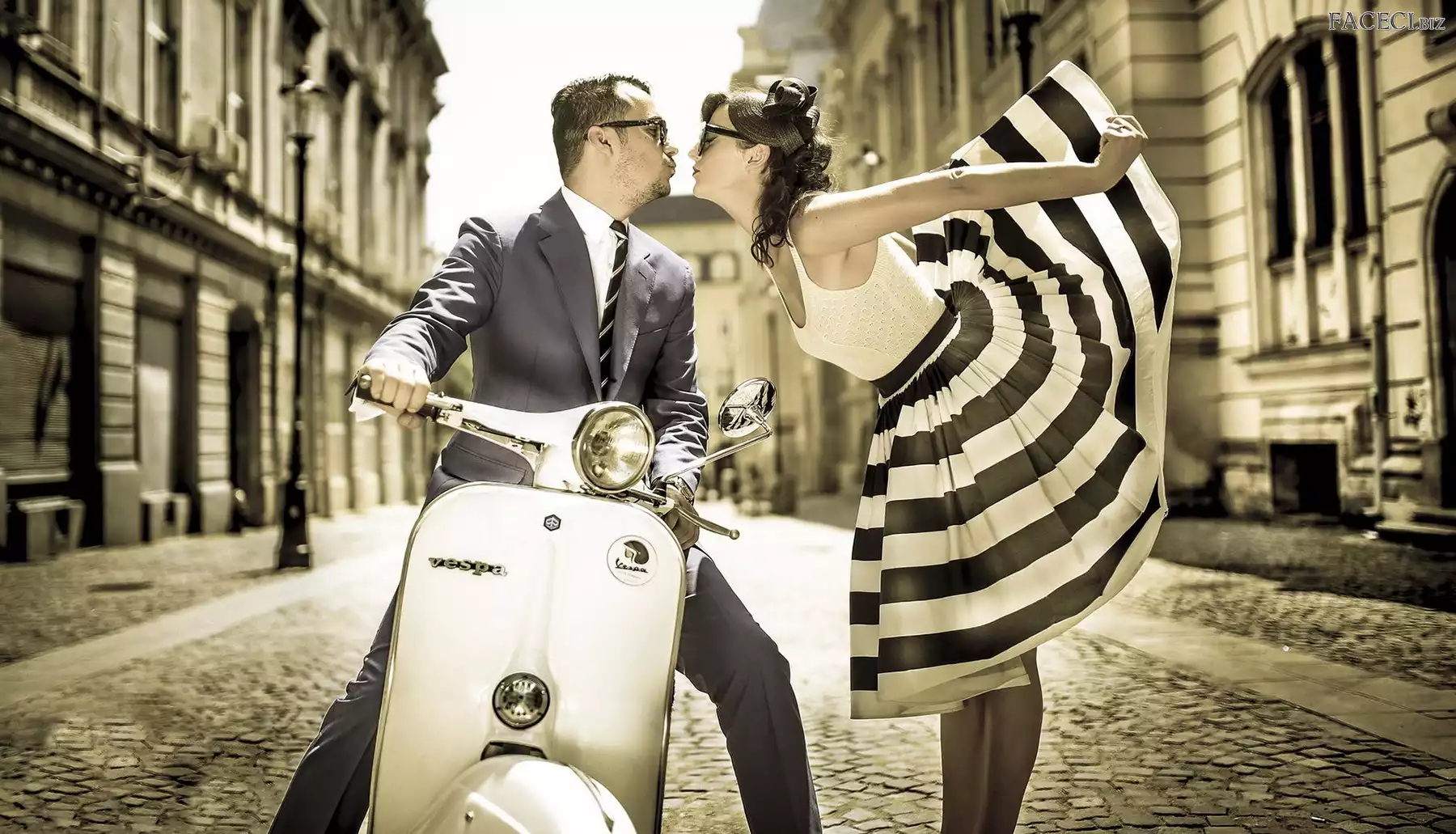 Chłopak, Dziewczyna, Skuter, Ulica, Vintage
